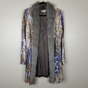 Alberto Makali faux fur trim top cardigan sweater, size M, snakeskin print